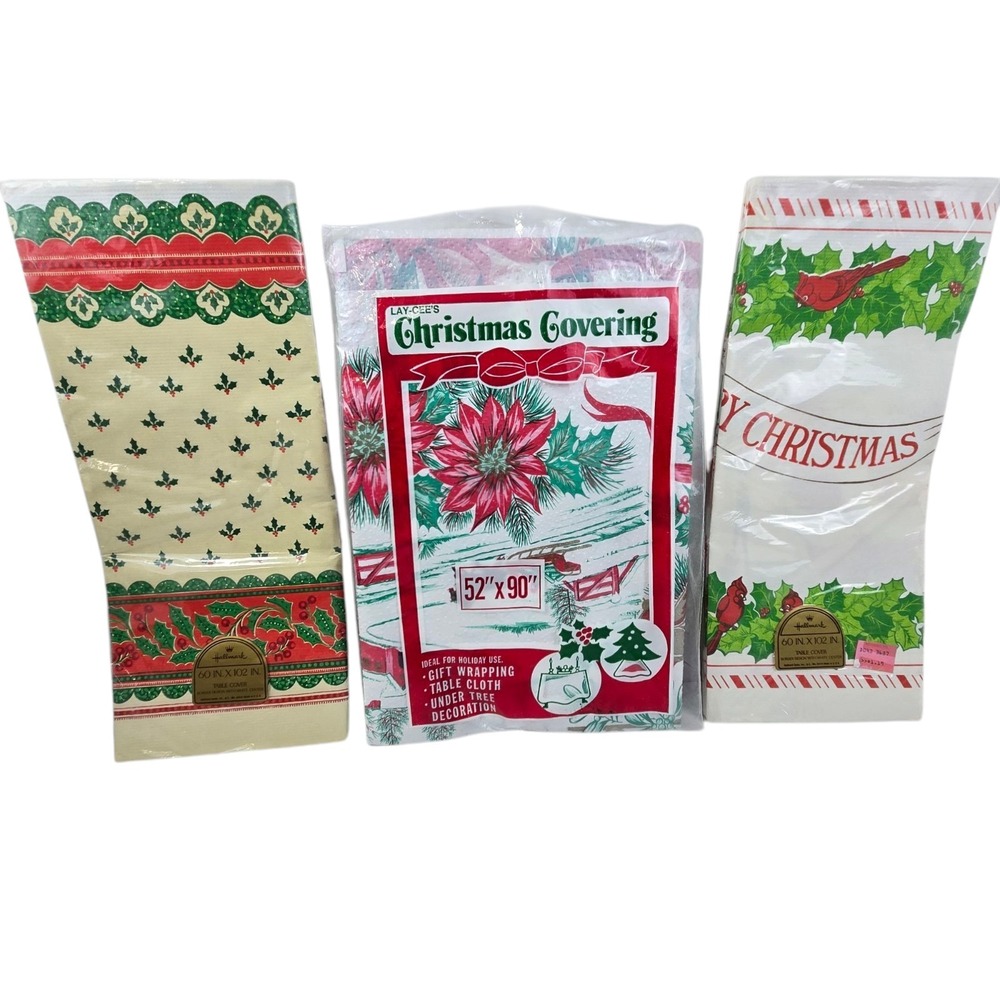 3 Vtg 80s Hallmark & Lay-Cee's Paper Christmas Table Covers 60x102 and 52x90 NOS